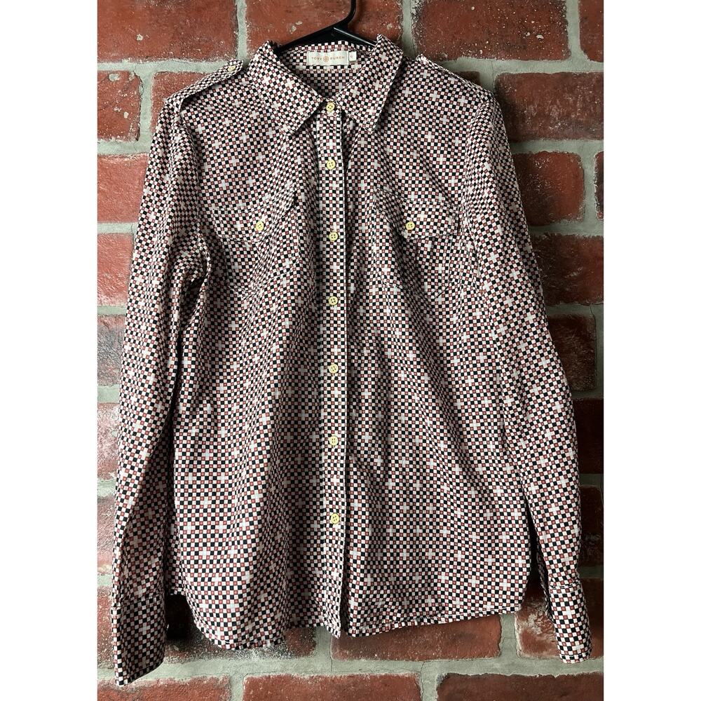 Tory Burch Shirt Checkered Print Roll Tab Sleeve Button Up Cotton Womens Size 12